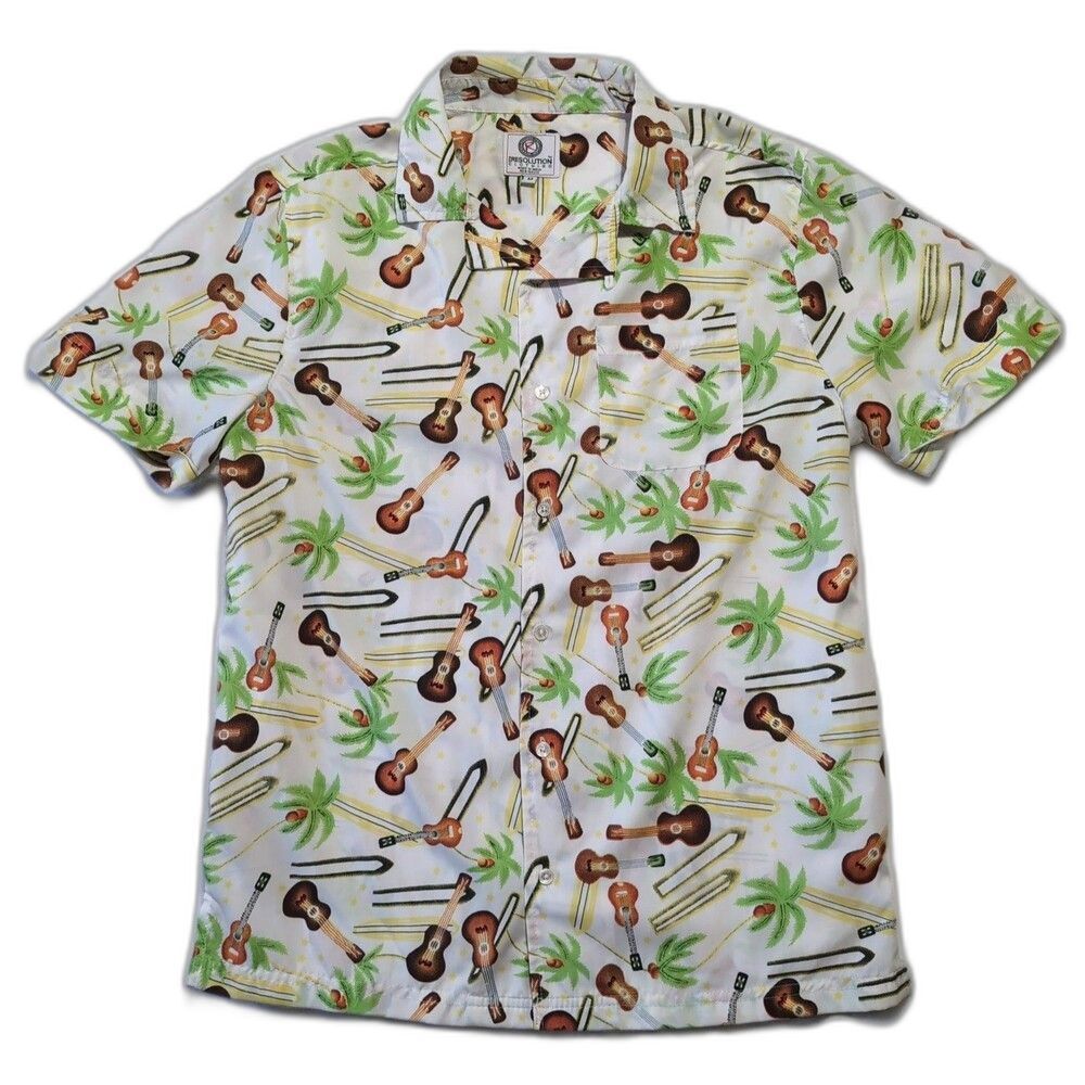 Resolution MEDIUM Hawaiian Shirt Ukulele Guitar Palm Tree Coconut Resort Button